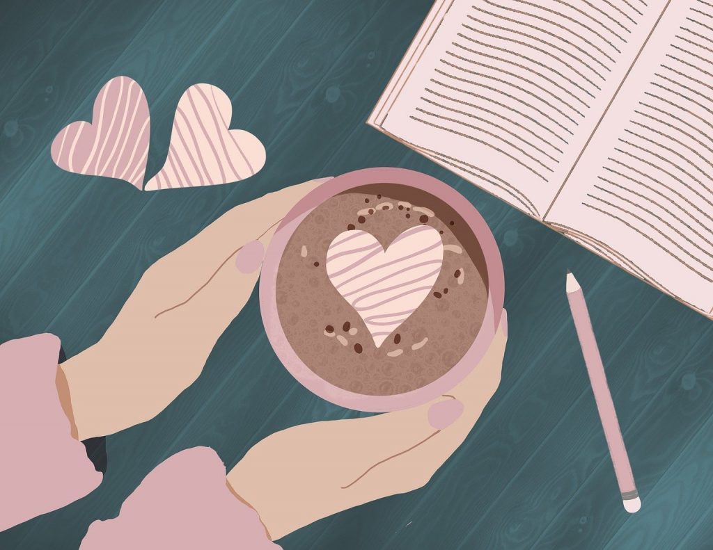 woman, book, cup